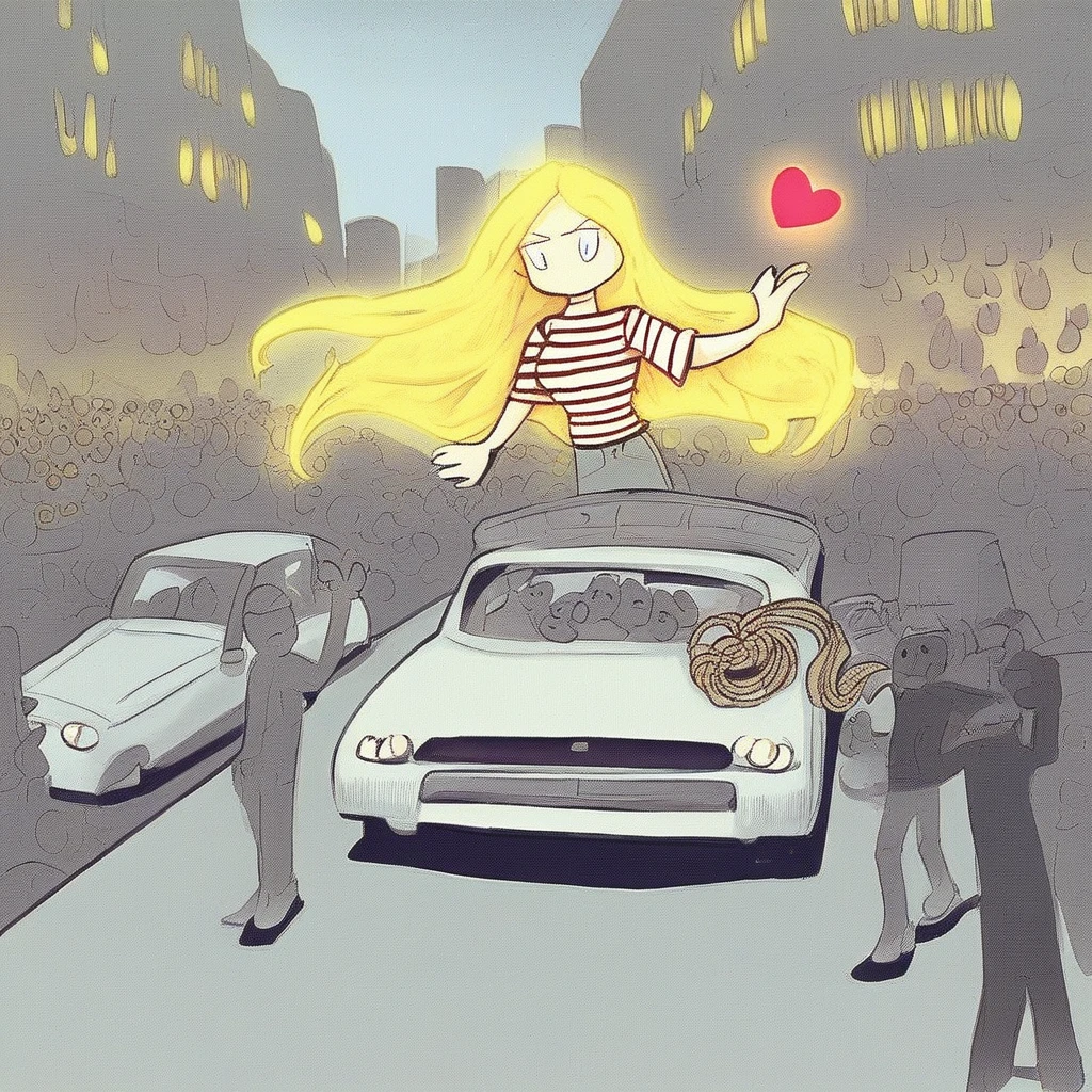 blonde hair, long hair, crowd, heart, car, striped shirt, boat, glowing, rope