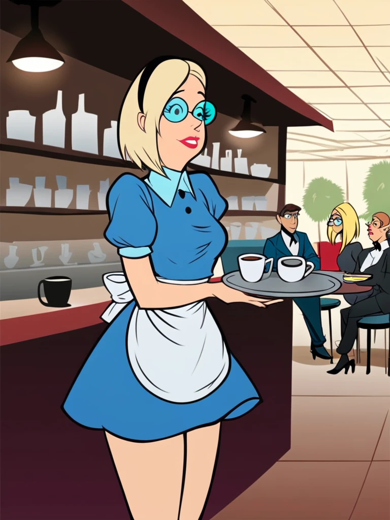 score_9, score_8_up, score_7_up, score_6_up, score_5_up, score_4_up , Rosemary_HKP, Rosemary_HKP, standing, maid uniform, round glasses, lipstick, cafe, serving tray, holding tray, coffee, coffee mug, crowd, table, chair, detailed background, detailed face, detailed eyes, retro artstyle, cartoon, <lora:rosemary-hkp-v1:1>