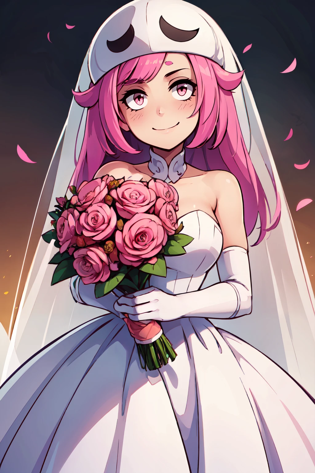 ((masterpiece,best quality)), absurdres,  BREAK, , <lora:Skull_Grunt_Pokemon:0.8>, zzSkullGrunt, pink eyes, pink hair, long hair, , BREAK, bride, wedding dress, bridal veil, strapless dress, elbow gloves, holding bouquet,, BREAK, solo, smile, looking at viewer, cowboy shot,