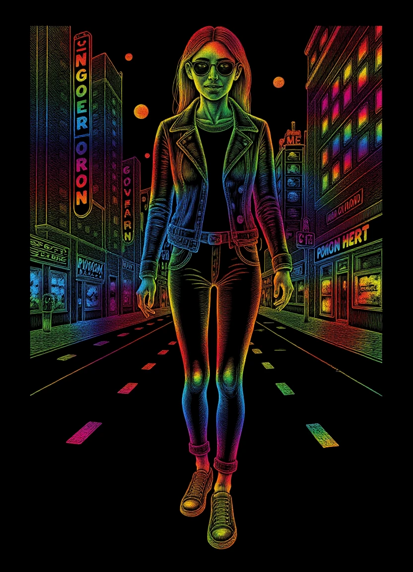 scratchart_style, of a cyberpunk woman in leather jacket with neon signs on a city street. black background