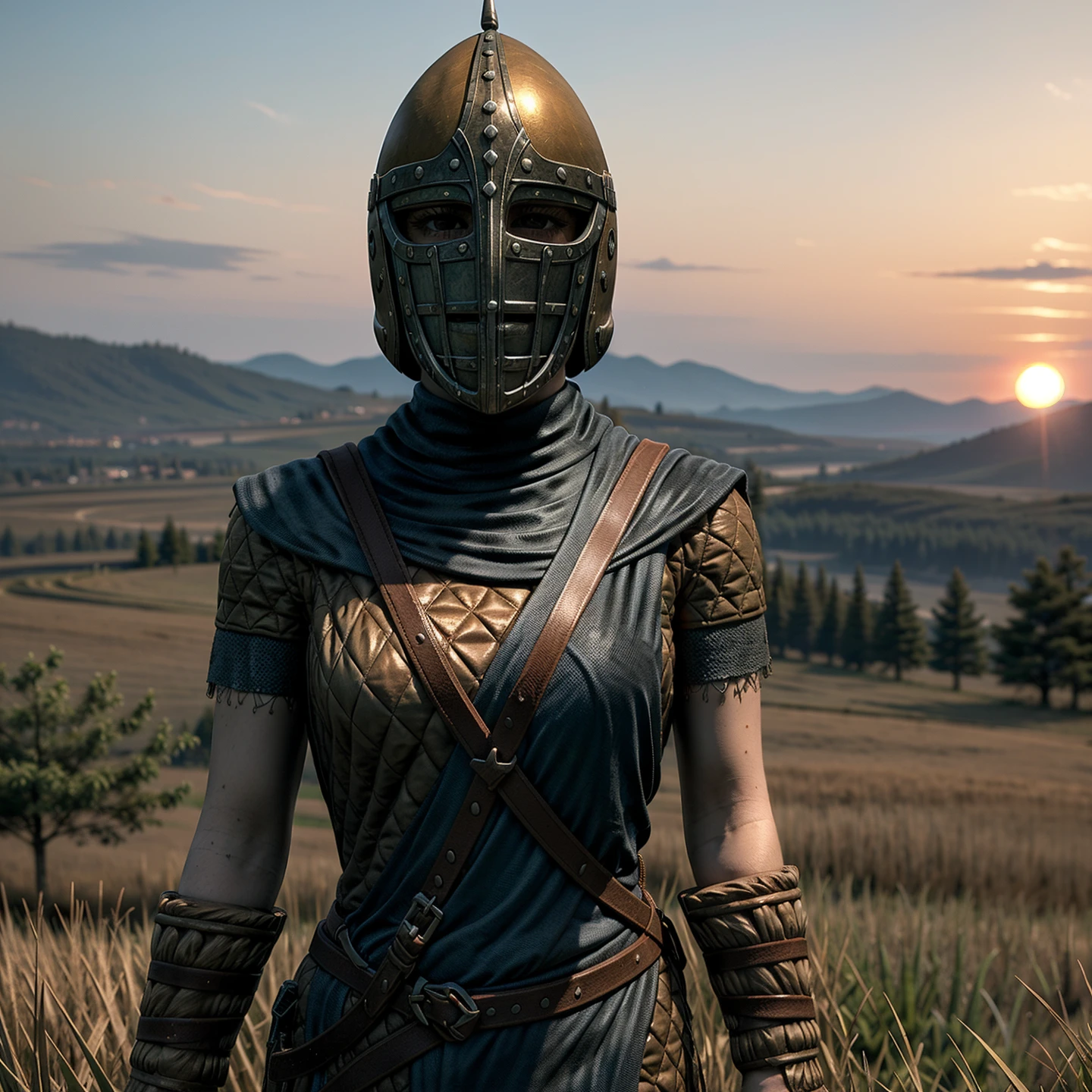 1girl,solo,armor,helmet,belt,looking at viewer,sunset,grass,mountain,((realistic)),Highly detailed,(ultra-detailed),(best quality,masterpiece:1.5),<lora:The Elder Scrolls V Skyrim-Stormcloak Armor:0.7>,