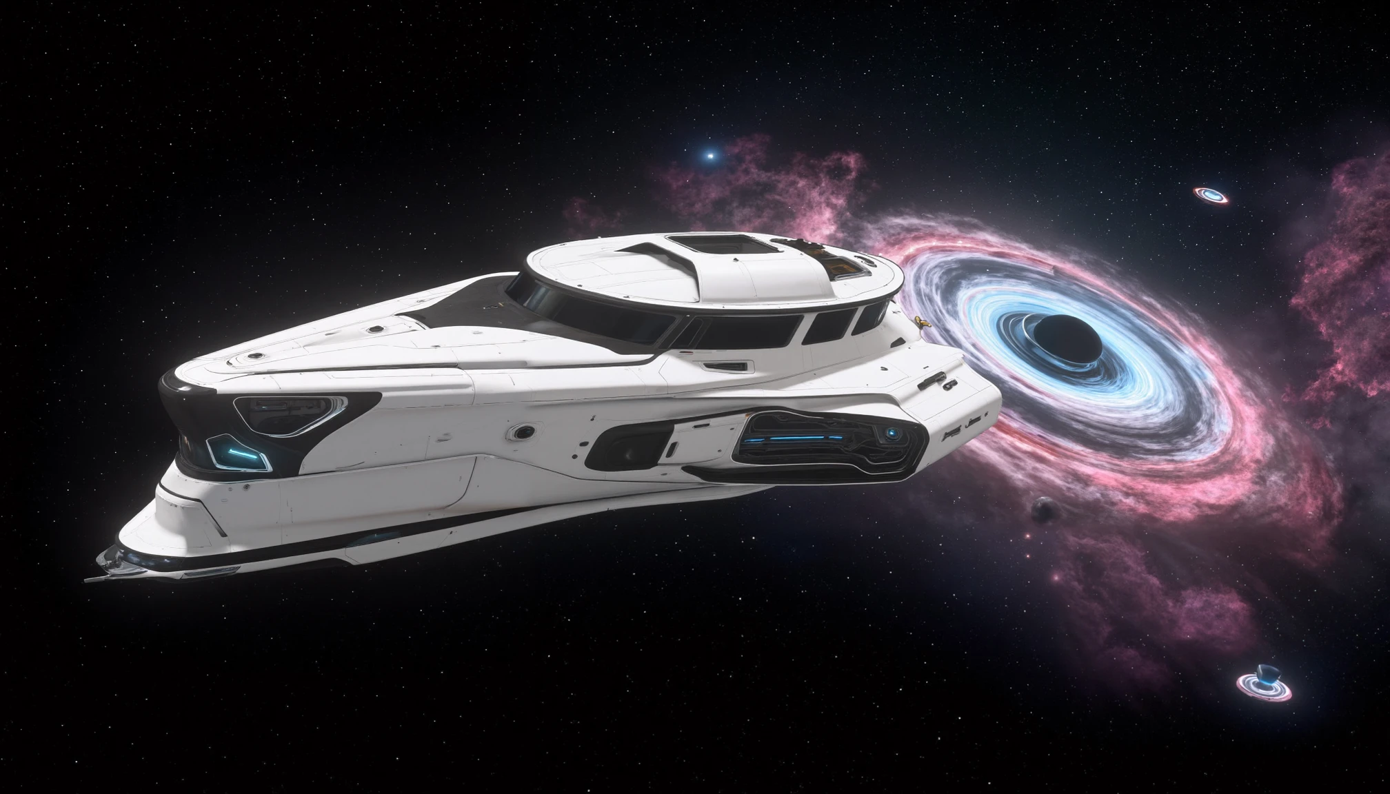 A colossal capital spaceship dominates the foreground, floating majestically in the vast expanse of deep space. The ship, an imposing behemoth of metal and technology, is angled slightly, showcasing its white elegant design with layers of armored plating, countless windows, and intricate, glowing conduits that snake along its hull. Its sheer size is emphasized by the tiny, distant stars that speckle the dark canvas of space around it.

Behind the spaceship, a nearby planet glows with an ethereal light, casting a soft, colorful illumination across one side of the vessel. The planet's surface shimmers with swirling clouds and faint hints of oceans and continents, suggesting a vibrant, living world. The light from the planet creates a dramatic play of shadows and highlights on the spaceship, emphasizing the intricacies of its design and the depth of its textures.

Further in the distance, a breathtaking nebula spreads across the sky like a cosmic painting, with vibrant hues of pink, purple, and blue intermingling in a soft, smoky dance. The nebula’s colors are vibrant yet diffuse, adding a surreal backdrop that contrasts with the cold metallic tones of the ship.

Beyond the nebula, a black hole looms, a dark and ominous void that bends and distorts the surrounding stars and space. Its event horizon is faintly visible, a swirling ring of light and energy that warps and stretches as it spirals into the abyss. The black hole's gravitational pull subtly distorts the nebula's colors and the stars nearby, creating a sense of awe and the eerie feeling of the infinite unknown.

This image captures a moment of quiet grandeur, a lone sentinel navigating the mysteries of the cosmos, set against a backdrop of stunning celestial phenomena.