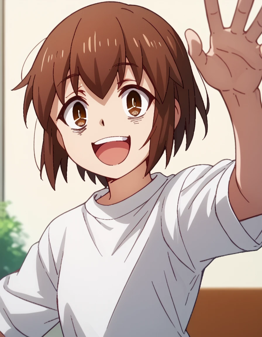 Fushihara, short hair, brown hair, ponnytail, brown eyes, white shirt, score_9, score_8_up, score_7_up, score_6_up, score_5_up, score_4_up, source_anime <lora:MissShachikuLittleBabyGhost:1>, Dynamic Pose, Happy,