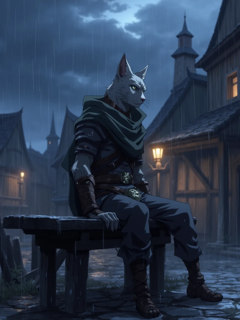 ntflxcstlvn style, anime screencap, humanoid tabaxi cat rogue sitting on wooden bench in meedieval town, he is wearing leahter armor with laces belts and rough cloak, rainy night with dark storm clouds on sky  <lora:SXZ_Castlevania_Flux:1>