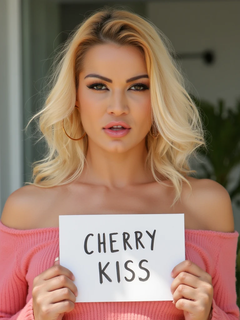 the image shows a frontal closeup portrait of a beautiful woman. she has long platinum blonde hair. her eyes are beautiful and detailed and she is looking at the viewer with a sexy gaze.
She is wearing a pink off shoulder jumper and golden hoop earrings.
She is holding a handwritten sign with the words "CHERRY KISS" written on it in a cursive and stylistic font.
RAW photography, shallow depth of field, film grain, bokeh. Early morning light is shining in from the side creating interesting shadows.