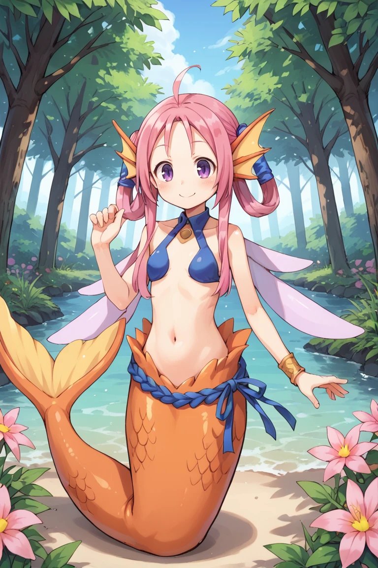 score_9, score_8_up, score_7_up, score_6_up, source_anime, BREAK, <lora:Nietzsche:0.8> , niedef, breasts, 1girl, hair rings, pink hair, long hair, sidelocks, purple eyes, monster girl, mermaid, kneeless mermaid, fins, head fins, mermaid tail, orange scales, wings, usekh collar, jewelry, navel, halterneck, bikini top only, blue shimenawa, solo, smile, closed mouth, looking at viewer, exterior, forest, garden, <lora:backgroundsetXL:0.3> , background, <lora:gr33nXLP:0.4> , gr33n, plant, flower,