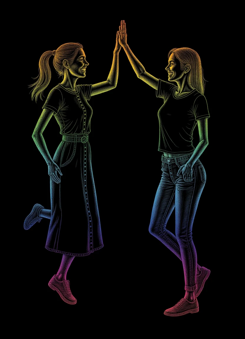 scratchart_style, of two women jumping in the air doing a high-five. The woman on the left wears a long dress, and the woman on the right is in jeans and a t-shirt. black background