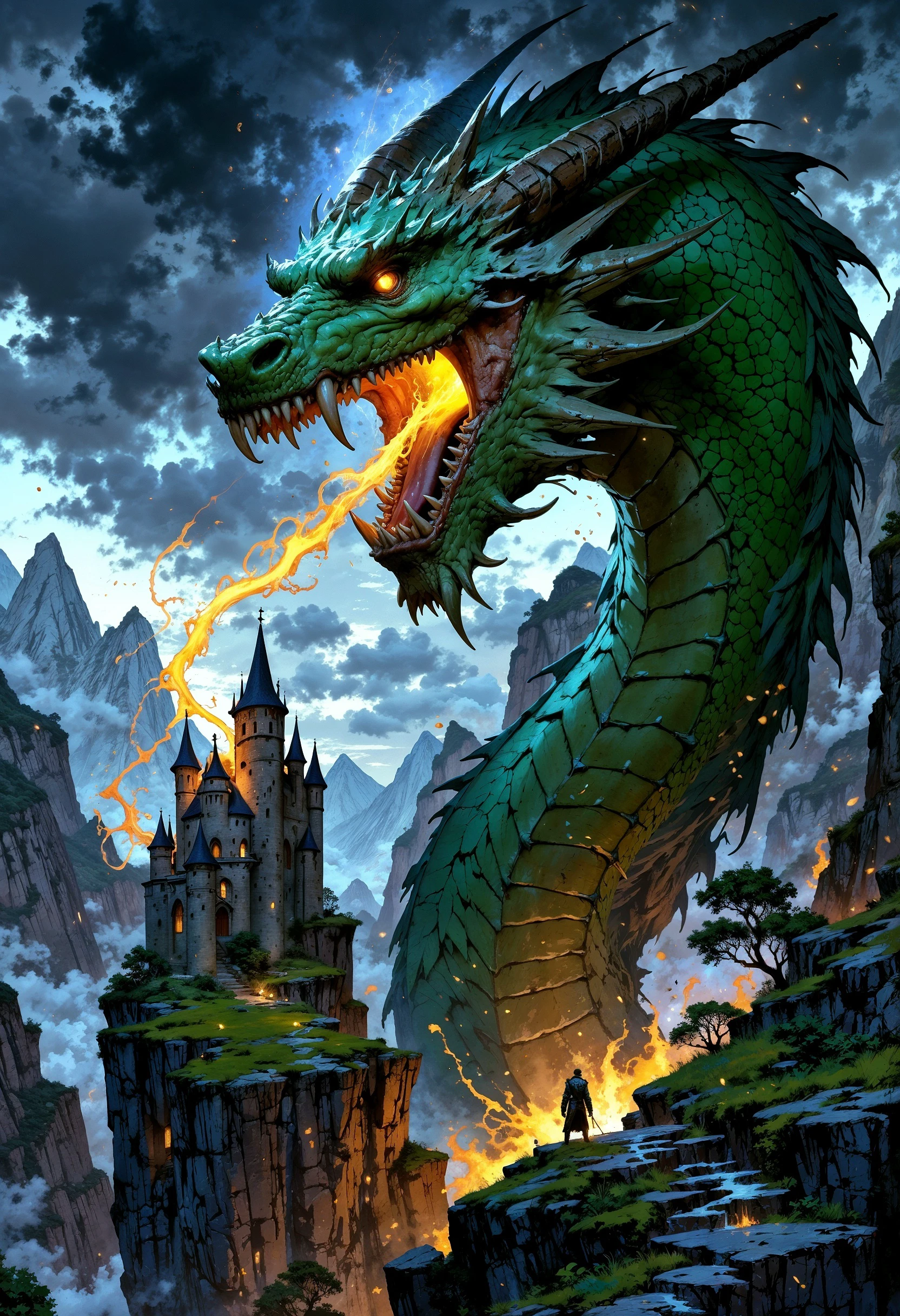 FluxEpicDragon, A colossal dragon with shimmering, emerald-green scales soars above a rugged mountain range, exhaling a torrent of fiery breath that illuminates the dark sky. Beneath, an ancient, weather-beaten castle perches precariously on a cliff, while a tempestuous, star-studded sky looms ominously overhead. <lora:FluxEpicDragons:1>