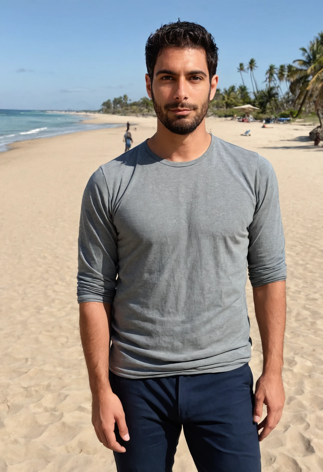 photo of a man, facial hair, wearing a casual outfit, at a beach, looking at viewer, frontview,  <lora:Jim_Garo_SDXL:.9>