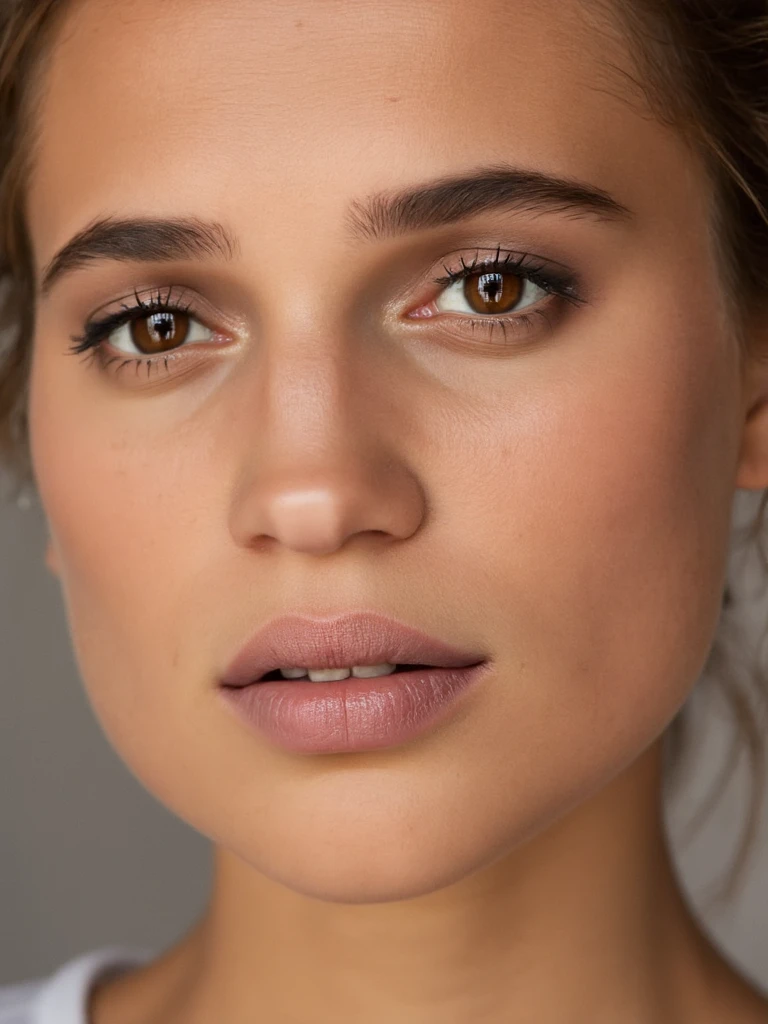 extreme closeup of beautiful al1v1k with light makeup, her lips slightly parted, dreamy look for a skincare commercial