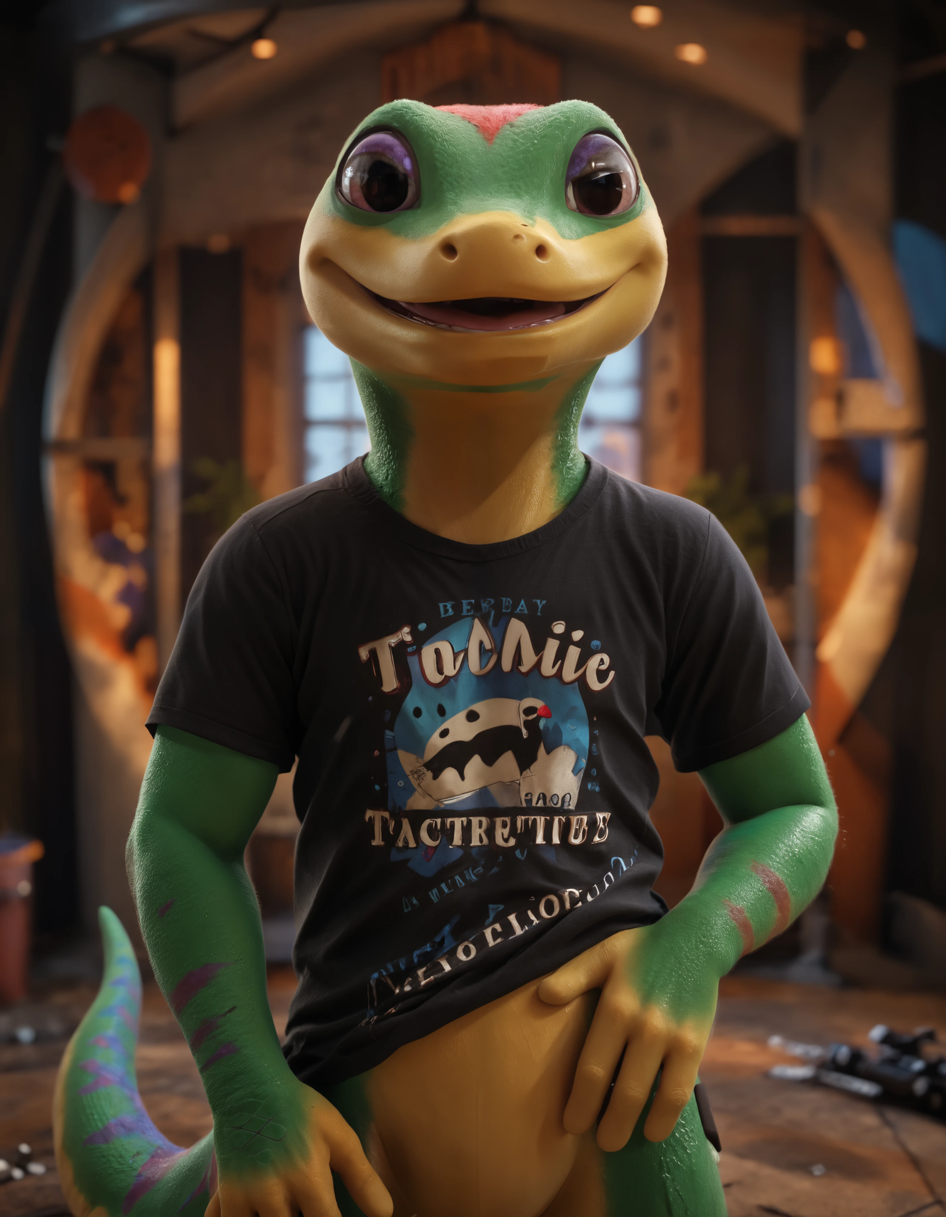 score_9, score_8_up, score_7_up, BREAK (anthro, furry:1.1), depth of field, cinematic lighting, masterpiece, detailed hands, detailed face, best quality, ultra realistic, 4k, 2k, film photography, RAW photo, photorealistic, analog style, subsurface scattering, photorealism, embedding:unaestheticXL_bp5, embedding:zPDXL,(best quality, high quality, 8K:1.5), <lora:add-detail-xl:2.5>, <lora:fix_hands.safetensors:2.0>, <lora:2.5DRealisticV2.safetensors:0.3>, <lora:sinfully_stylish_SDXL.safetensors:0.6>,  <lora:AdvancedEnhancerXLv2.safetensors:1.0>, (hi res), ((masterpiece)), ((best quality)), illustration, <lora:Gex_the_Gecko.safetensors:0.7>, anthro, furry, gex the gecko, gecko, lizard, scalie, solo, digitigrade (, face close up, looking at viewer, front view, user avatar, three-quarter portrait, black background, standing, smile, open mouth, carousel, t-shirt, dressed:1.15)