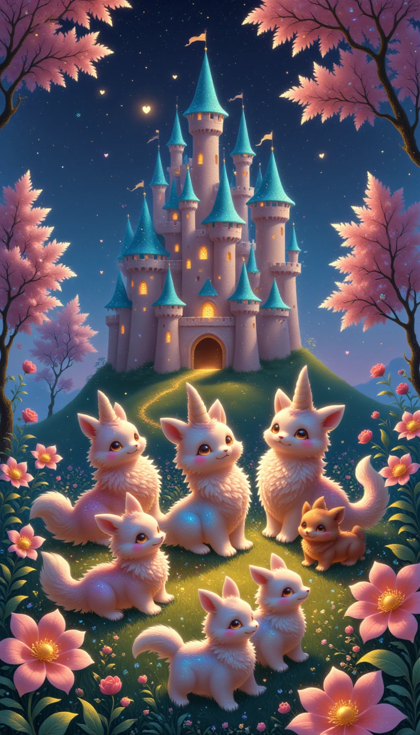 glitters, glowing hearts,A group of cute animals having a party in a castle, complete with pastel-colored turrets and sparkling lights