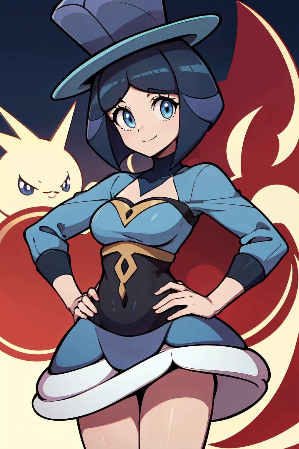 ((masterpiece,best quality)), absurdres,  BREAK, , <lora:Evelyn_Pokemon:0.8>, zzEvelyn, blue eyes, blue hair, short hair, bangs, blue top hat, blue dress, , BREAK, hip to the side, hand on hip, contrapposto,, BREAK, solo, smile, looking at viewer, cowboy shot,