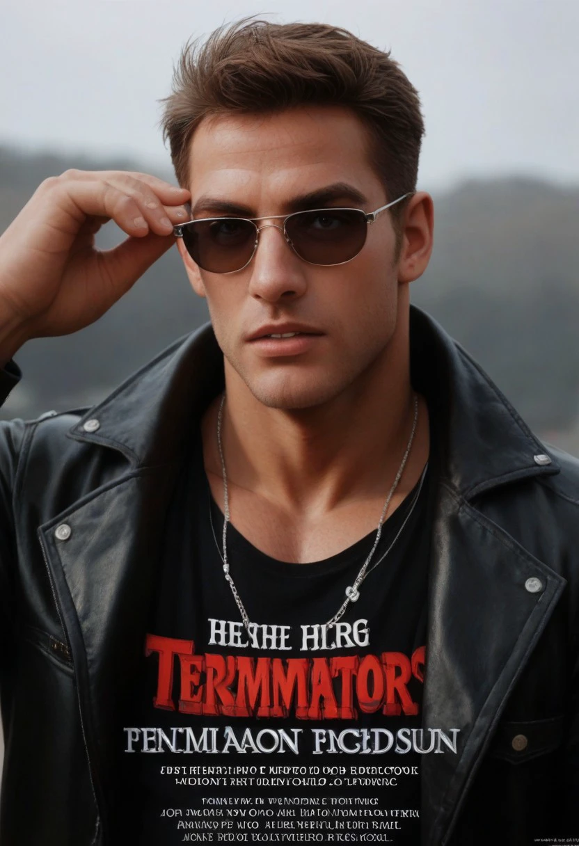 Score_9, score_8_up, 1guy, muscular, 80s movie poster, english text "The Terminator", wearing sunglasses, red gleaming eyes, leather jacket