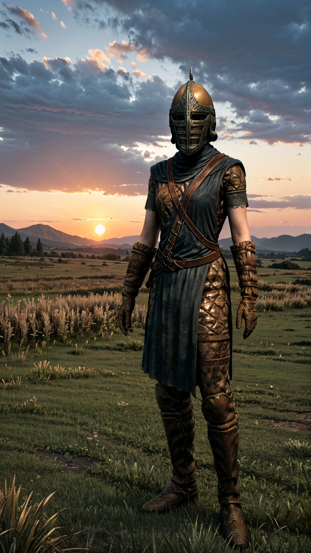 1girl,solo,armor,helmet,belt,gloves,boots,looking at viewer,sunset,grass,mountain,full body,((realistic)),Highly detailed,(ultra-detailed),(best quality,masterpiece:1.5),<lora:The Elder Scrolls V Skyrim-Stormcloak Armor
:0.7>