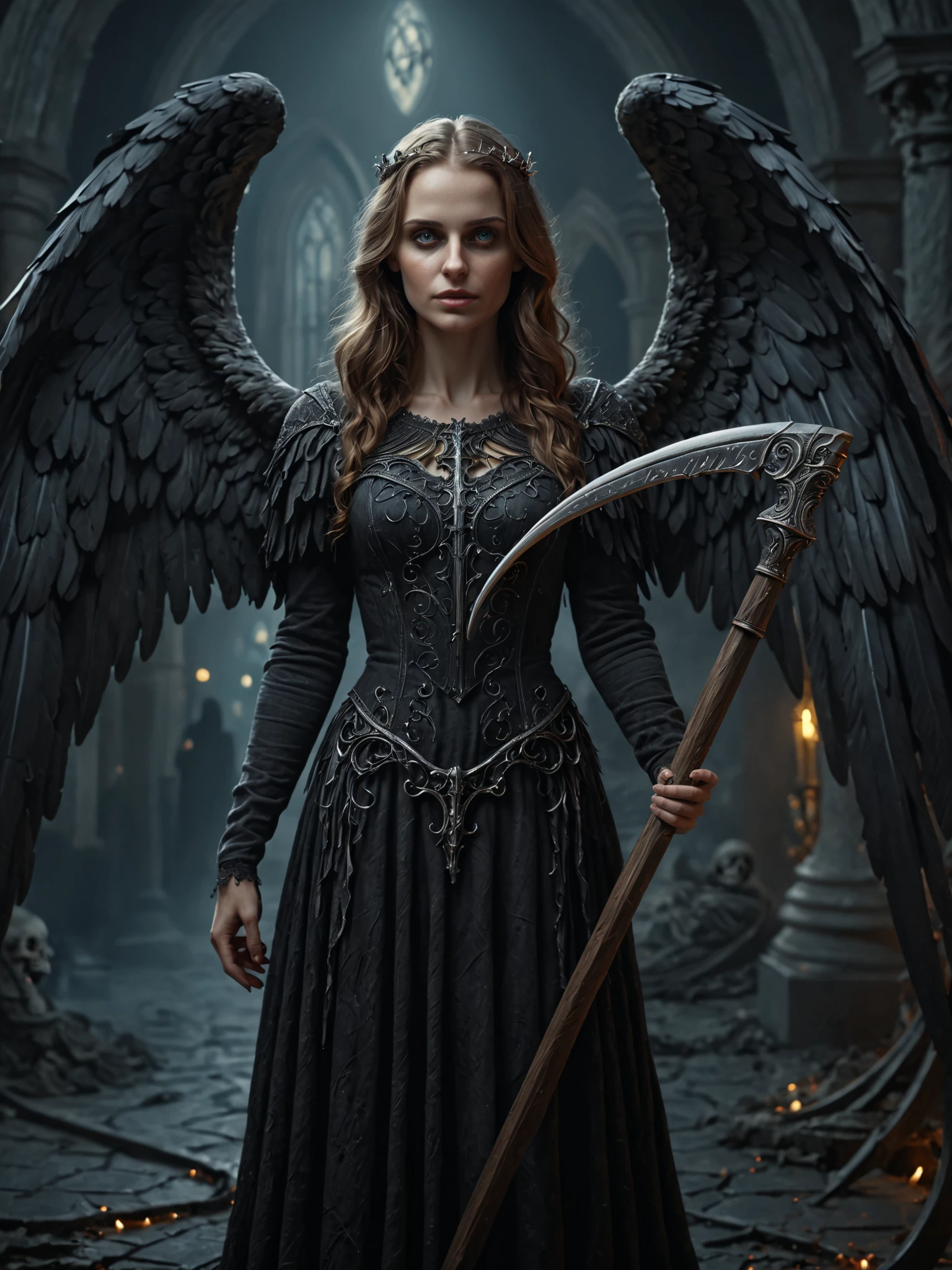 RAW, 8k, high resolution, masterpiece, best quality, fantasy, vivid, horror, dark fantasy portrait of the Angel of Death (holding a scyth3), 30yo female, graceful pose, nightscape, intricate details, fine texture, (sfw), <lora:SDXL1-ScytheXL_v0.24.224.05:0.75>,