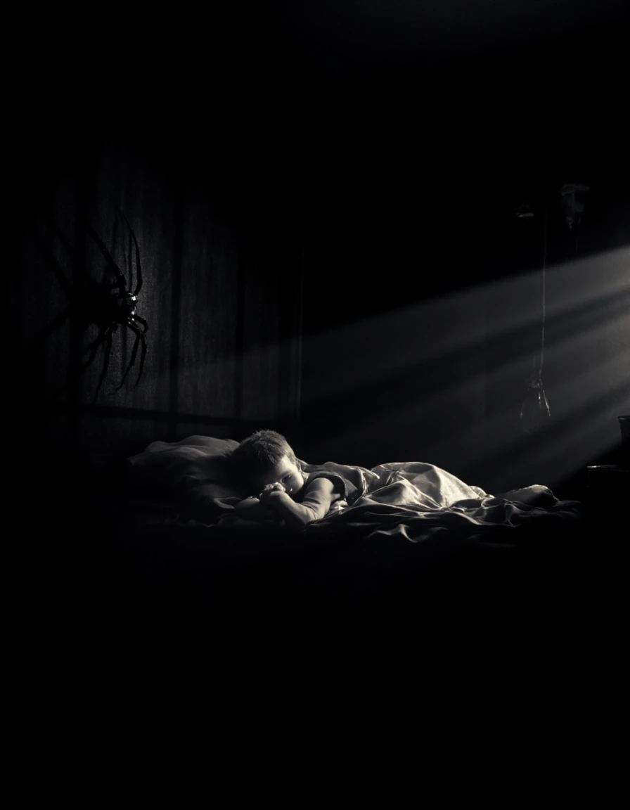 a child in a bed sleeping in a dark room.  In the shadow there is a big spider on the wall next to the child. The spider's eyes are white, glowing in the darkness, creating a high contrast, noir-style atmosphere. The overall mood is scary and dramatic.  sinCity <lora:Sin_City_-_Flux_Lora:1>