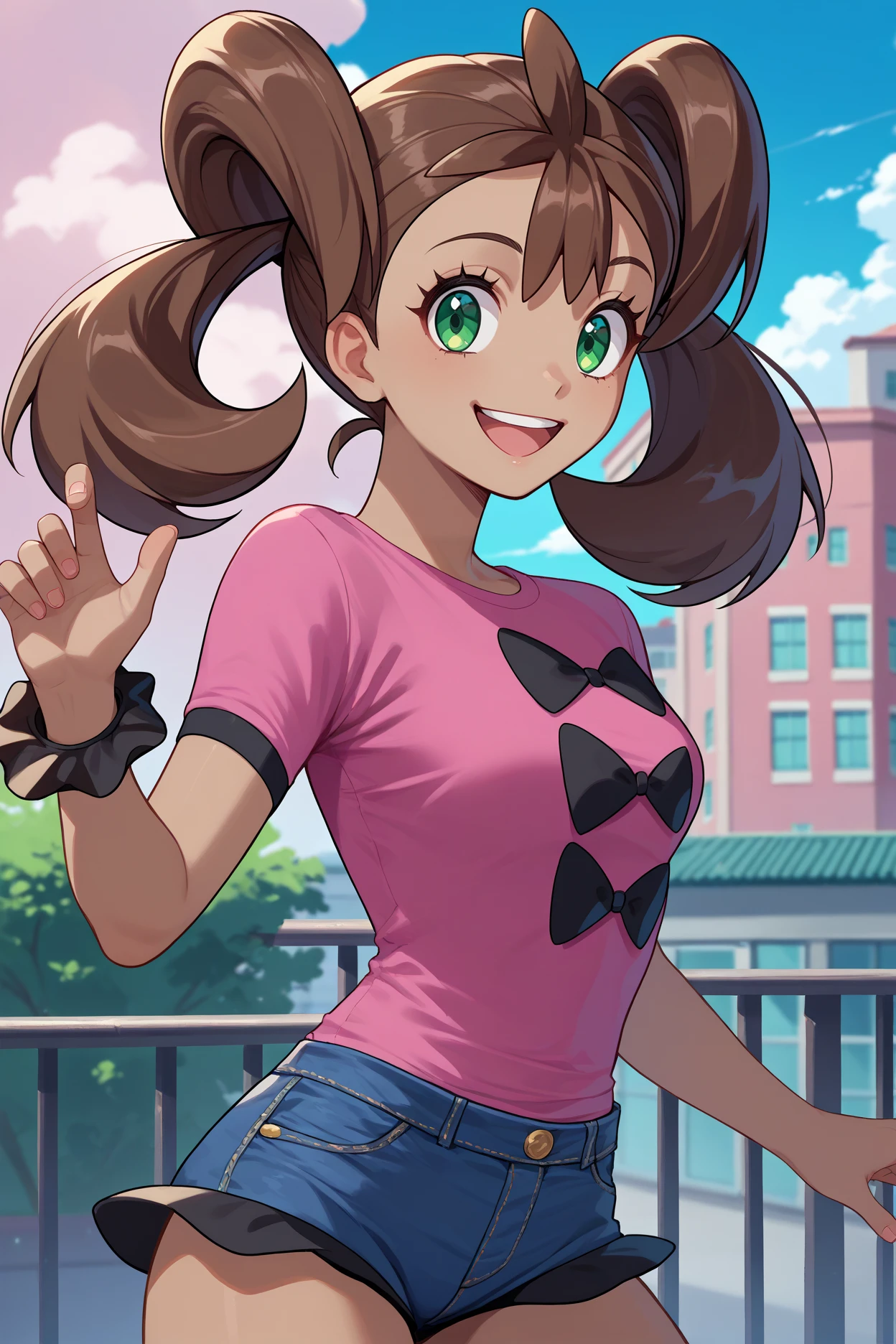 score_9, score_8_up, score_7_up, score_6_up, source_anime, 1girl, solo, <lora:pkmnshauna-pdxl-nvwls-v1-000005:1> defSana, dark-skinned female, twintails, brown hair, long hair, green eyes, pink shirt, denim shorts, wrist scrunchie, medium breasts, happy, looking at you, blue sky, clouds, city, upper body, smile