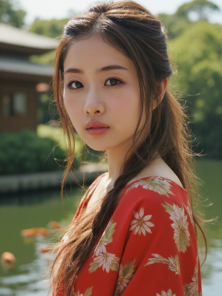 A very detailed portrait of satish woman with medium sized breasts. She has braided brown hair and is standing in a japanese garden. In the background a blurry small temple building can be seen next to a koi lake. She is wearing beautiful traditional japanese clothing. The sun is shining very bright and the entire scene is colorful. The setting is a professional photoshoot with perfect lighting