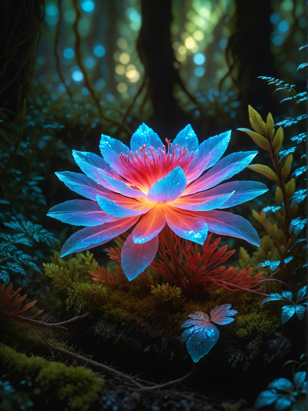 ornate shadowbox, photorealistic, meticulously crafted, artistic marvel, extraordinary detail, premium quality, ultra-fine textures, high-definition clarity, cinematic ambiance, a solitary glowing red bioluminescent flower. The nearby vines and undergrowth add richness to the scene, a holographic image captures a single bloom glowing softly on a moss-covered log. The flower, shedding a subtle red light that highlights the immediate area. Its place within the environment remains ambiguous, warm undertones. This gives the impression of a glowing organic entity, intricately crafted, true art piece, professional-grade overall detail, thorough attention to intricacies, UHD,  everything_iridescent, <lora:Everything_Iridescent:1>