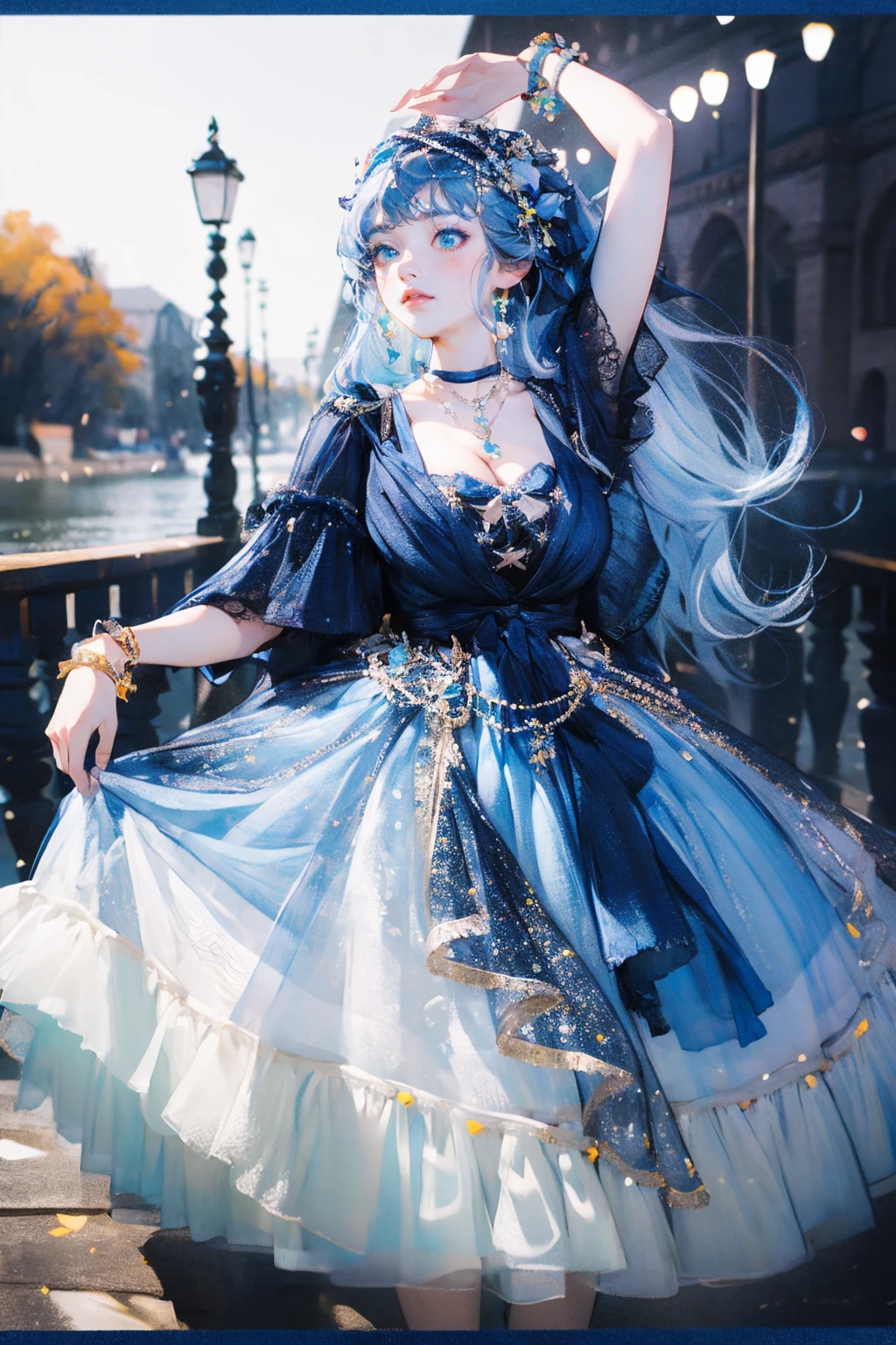 (masterpiece, best quality:1.2),illustration,8k,hd,huge filesize,1 girl,very long hair,solo,cldqz,dress,blue dress,hair ornament,bracelet,jewelry,choker,bracelet,bow,necklace,(blue hair:1.1),big breasts,cleavage,bouncing breasts,(day:1.4),lake,arm down,extremely detailed dress,