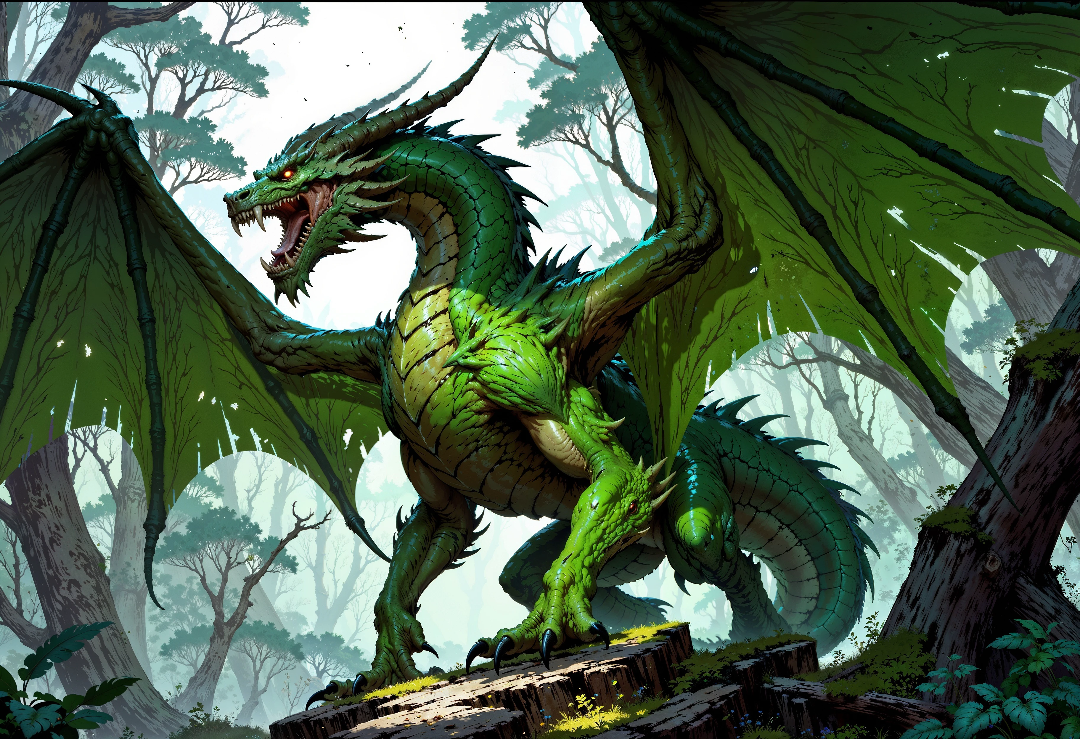 FluxEpicDragon, fantasy art, fantasy illustration, full body powerful green dragon with large wings, poison aura, forest  <lora:FluxEpicDragons:1>