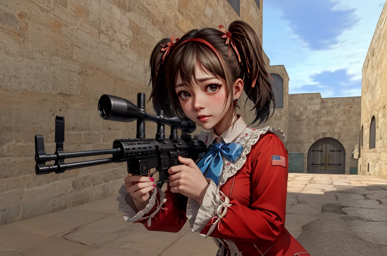 ((close-up)), ((de_dust2)), counter strike, holding handgun, sniper rifle, 1girl, red dress, short dress, bowtie, red long sleeves, parted lips, sweat, lunge, no pants, bridal garter, frills, nail polish, twintails, ribbon, sky, door, slope, alley, rooftop, outdoors, wooden box, facing viewer, <lora:girlhatede_dust2:0.9>, <lora:GAME_CounterStrikeOnline_Yuri_ownwaifu:0.5>