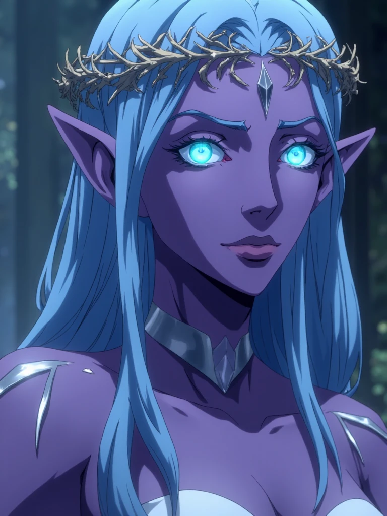 ntflxcstlvn style, anime screencap, elf queen with purple skin and glowing cyan eyes, she have long blue hair, she wearing white dress with silver ornaments and head wreath made of leaves and silver weaving strings <lora:SXZ_Castlevania_Flux:1>