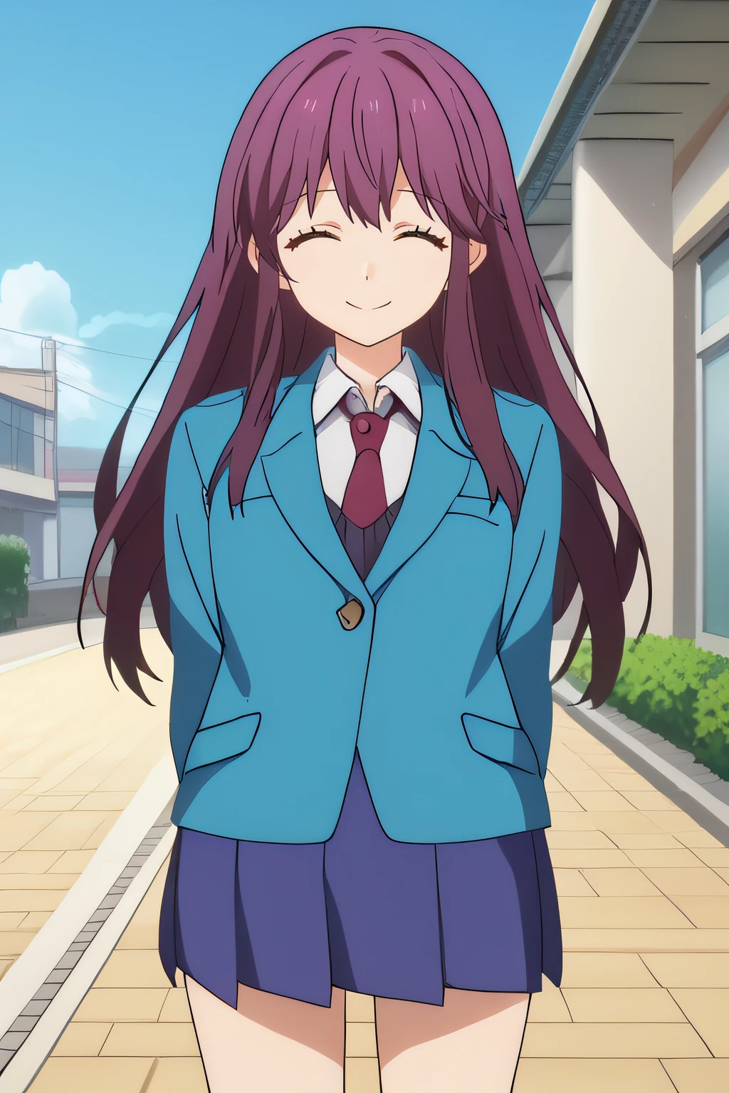 score_9, score_8_up, score_7_up, source_anime, rating_safe, intricate details, anime screencap, official style, 1girl, <lora:Akari_Hayasaka:1>, akari, purple hair, closed eyes, long hair, school uniform, blue jacket, red necktie, blue skirt, thighs, five fingers, looking at viewer, outdoor, smile, cowboy shot, arms behind back, tilted head, frontal view