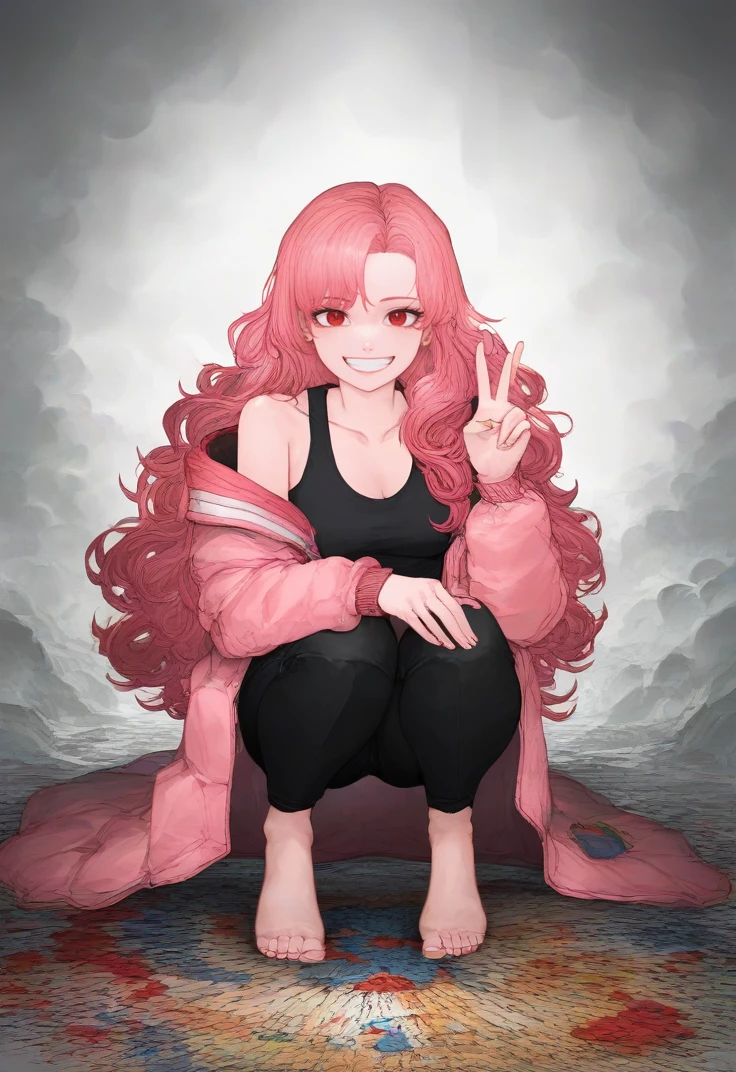 (score_9, score_8_up:1.1), score_7_up, masterpiece, perfect face, beautiful face, perfect hands, beautiful hands, <lora:MisangStyle:1>, MisangStyle, 1girl, squatting, pink hair, long hair, wavy hair, red eyes, black tank top, black pants, barefoot, pink jacket, open jacket, full body, looking at viewer, happy face, grin, peace sign