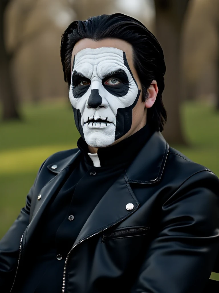 papaem, male focus, mask, facepaint, black hair, Papa III,  left eye white contact lense,  black leather jacket,  sitting on a bench in a park <lora:Papa_Emeritus_Flux:1>