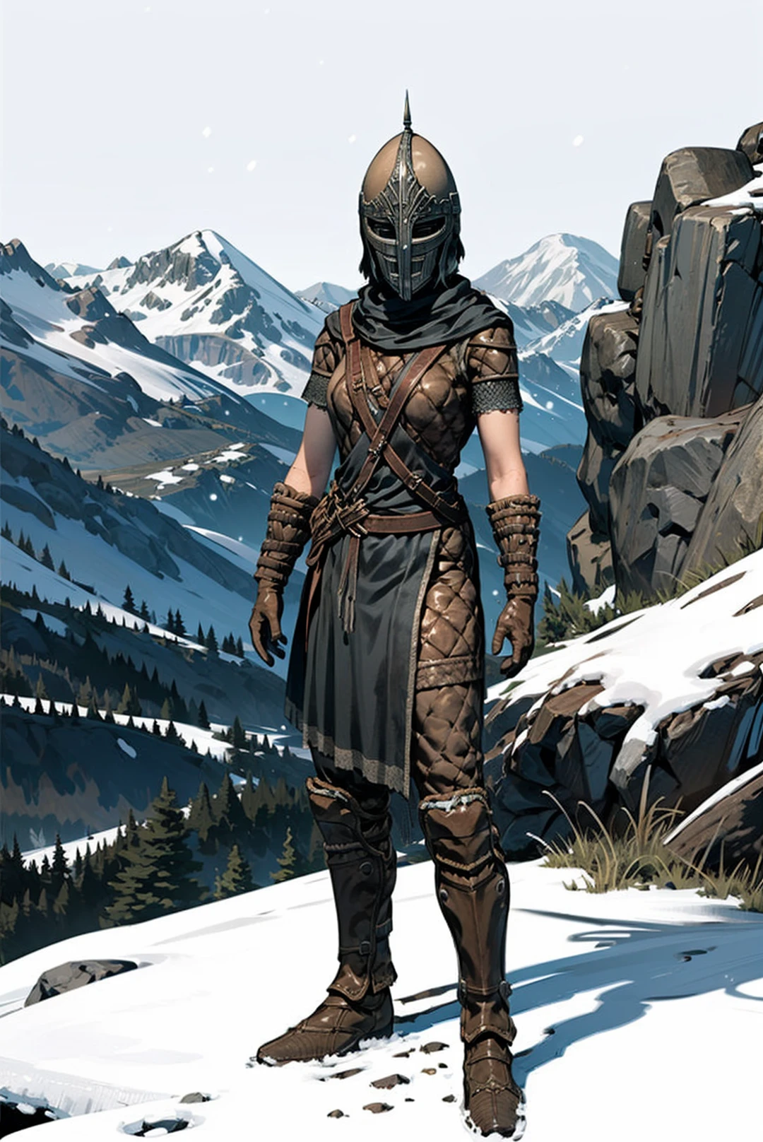 1girl,solo,armor,helmet,belt,gloves,boots,looking at viewer,snow,winter,mountain,castle,flower,grass,full body,Highly detailed,(ultra-detailed),(best quality,masterpiece:1.5),<lora:The Elder Scrolls V Skyrim-Stormcloak Armor:0.7>,