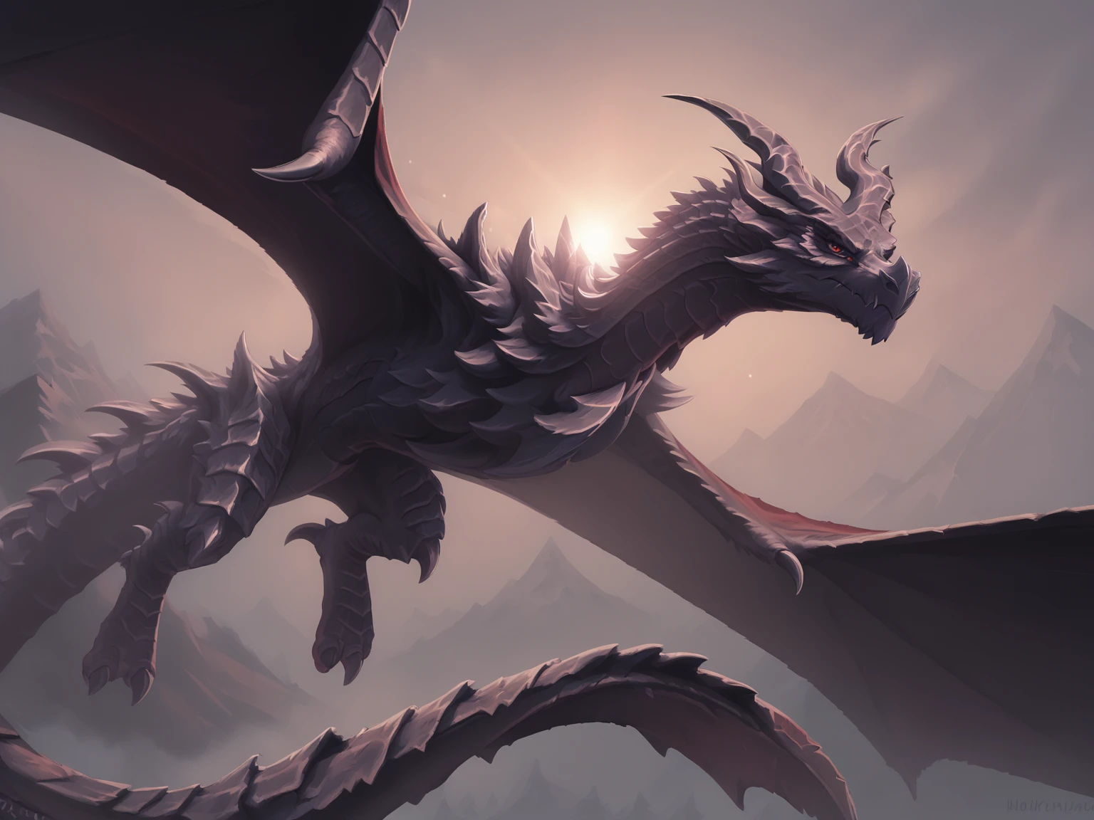 score_9, score_8_up, score_8, alduin, dragon, wyvern, feral, male, tail, black scales, red eyes, serious expression, wings, 3 claws, digital painting, solo, flat color, soft lighting, worm's-eye view, flying, mountain background, <lora:princess_xl_v2:1>, <lora:Smooth Anime Style LoRA XL:1>,  <lora:LoraAlduinBYXL_alduin:1>