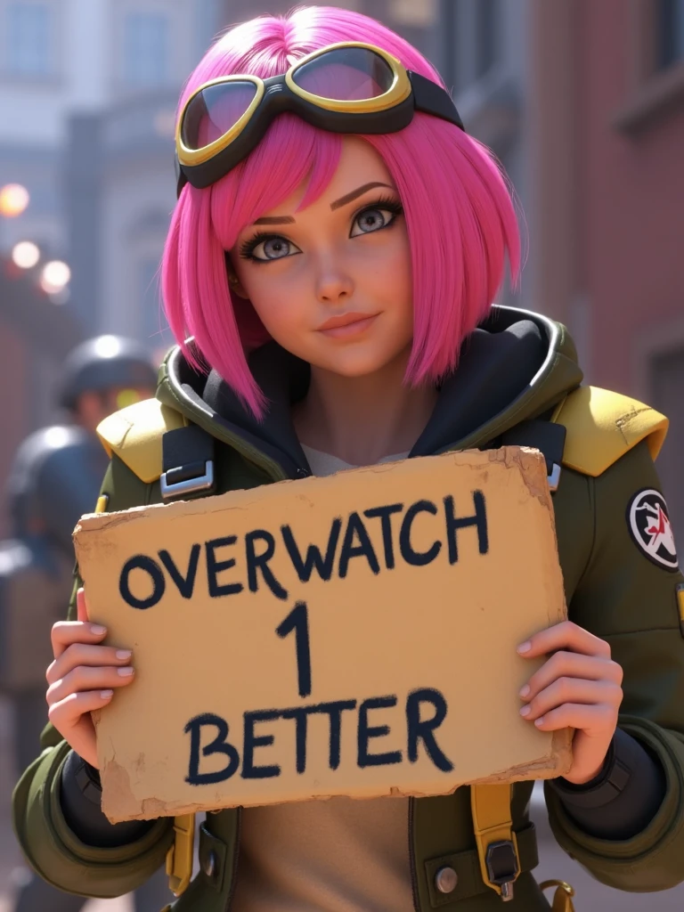 <lora:OverwatchCinematicStyle-guy90-FluxV1:1>, Overwatch Cinematic Style, a mature woman with short pink hair bob cut and a army jacket. She is wearing goggles and holding a sign that says "Overwatch 1 Better"