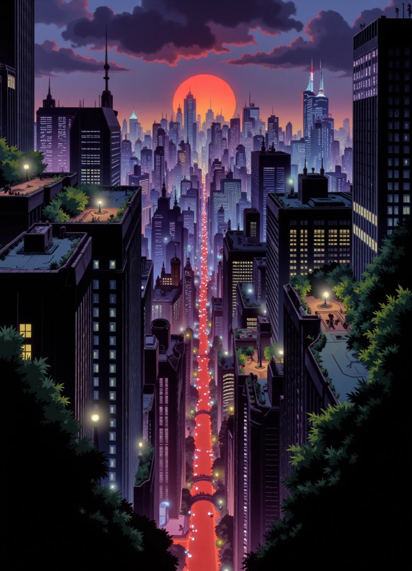 akira_style, movie poster of a cyberpunk city at night with high-rise towers rising in the distance, ominous