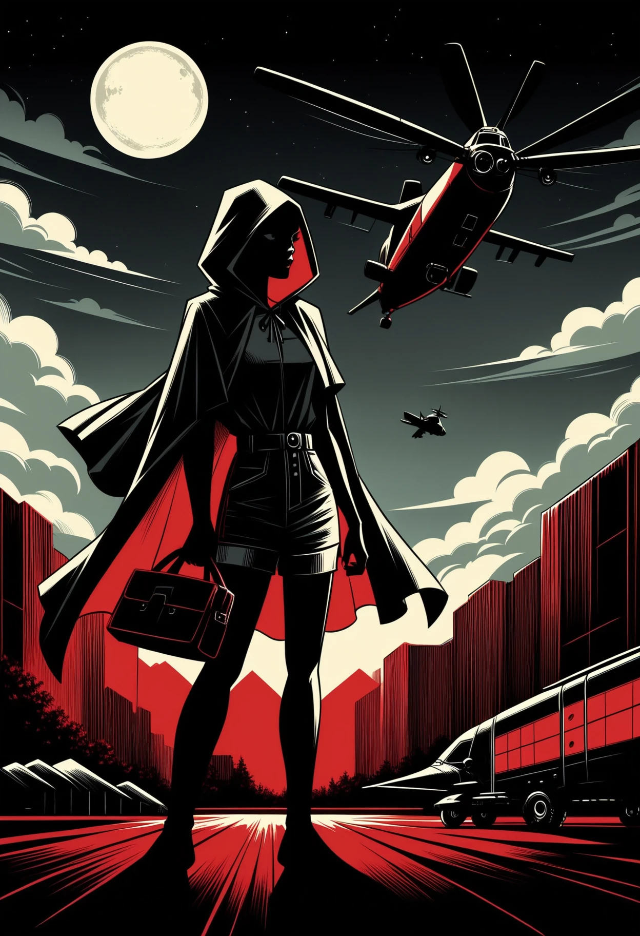 score_9, score_8_up,score_7_up, <lora:lnrnr_pdxl_EliPot_r1:1>, high contrast, shadow, red theme, limited palette, full moon, western comics \(style\),
,highres,shorts,cloak,aircraft,projectile_trail,1girl,hood,night_vision_device,night,bag,atamonica,duffel_bag,short_sleeves,sky,helicopter,hooded_cloak,mh-6_little_bird,leggings,rocket,night_sky,absurdres