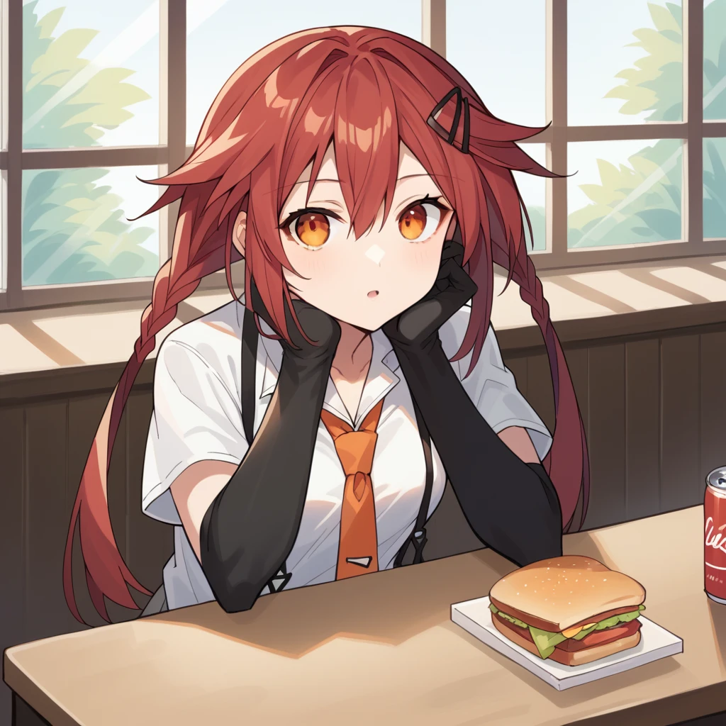 score_9_up, score_8_up, score_7_up, source_anime, masterpiece, best quality, 1girl, solo, Uzume, Uzu_Def, sun light, window, sitting across table, head rest, curious, half-opened mouth, looking at you, holding soda can, sandwich, red hair, long hair, black hairclip, orange eyes, twintails, white shirt, twin braids, open shirt, orange necktie, suspenders, short sleeves, white sleeves, black gloves, striped gloves, asymmetrical gloves, elbow gloves, pleated skirt, suspender skirt, grey skirt, midriff, navel, mature body, dynamic cowboy shot, indoors, cafe background