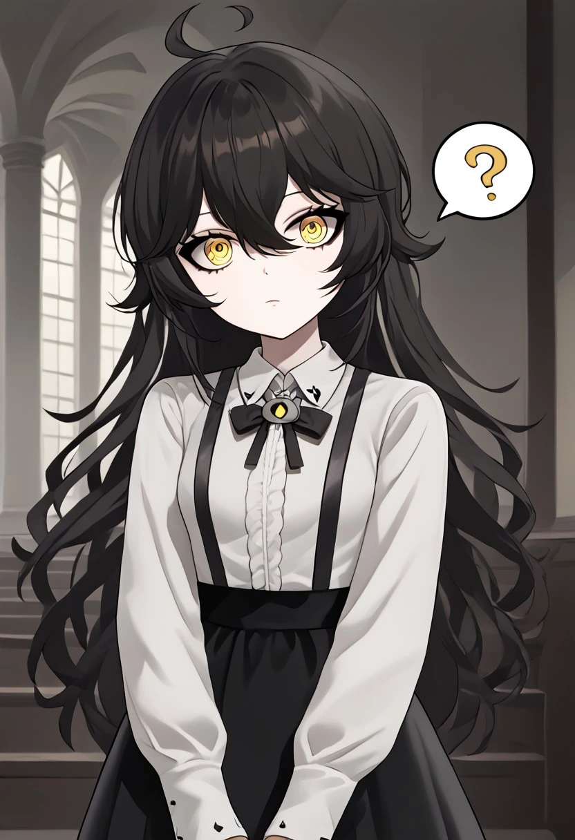 1girl, solo, highres, GrimmiVT, long hair, black hair, yellow eyes, hair between eyes, bangs, ahoge,
long sleeves, white shirt, black skirt, suspender skirt, black bow, frills, collared shirt, long skirt,
((head tilt, confused,))
indoor, goth fashion,