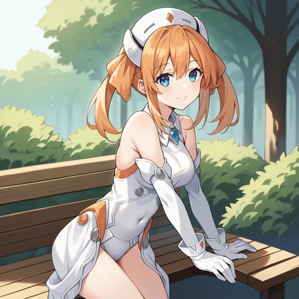 score_9_up, score_8_up, score_7_up, source_anime, masterpiece, best quality, 1girl, solo, Uzume, Uzu_OrangH, sun light, trees, bushes, leaning forward, sitting on bench, from side, looking at you, gentle smile, orange hair, blue eyes, twintails, white leotard, detached sleeves, covered navel, white sleeves, white gloves, white headwear, bare shoulders, white collar, mature body, dynamic cowboy shot, outdoors, park background