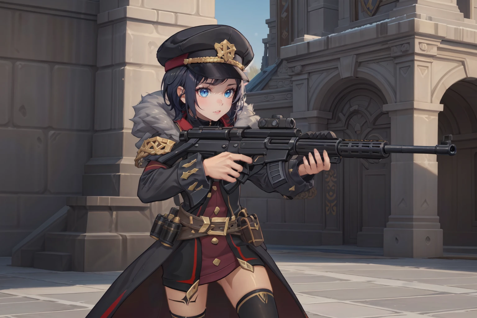 (masterpiece, best quality, beautiful and aesthetic:1.3),
rom_tyrant, 1girl, solo, short hair, police cap, fur trim, holding gun, assault rifle, cowboy shot, leg tattoo, black legwear, long dress,
shiny skin, beautiful face, beautiful eyes, extreme detailed, official art, professional illustration, hires,
<lora:rom_tyrant-09:0.8>, <lora:add_detail:0.5> <lora:9k GUN:0.3>