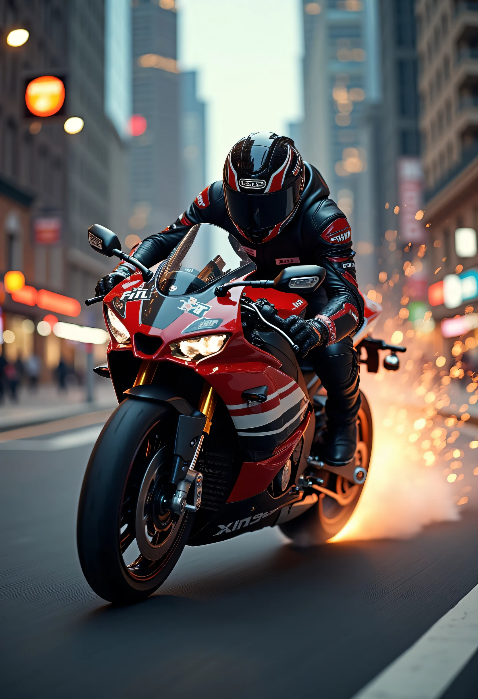 dynamic motion, (side shot), masterpiece, stylish design, battle chase, spark, Close up, bike Racing, dramatic action scene, intense atmosphere, adrenaline rush, racing track in the city center, (front of a bike), racing bikes, chase, modern chase, thrilling escape, action, , fast sense of speed