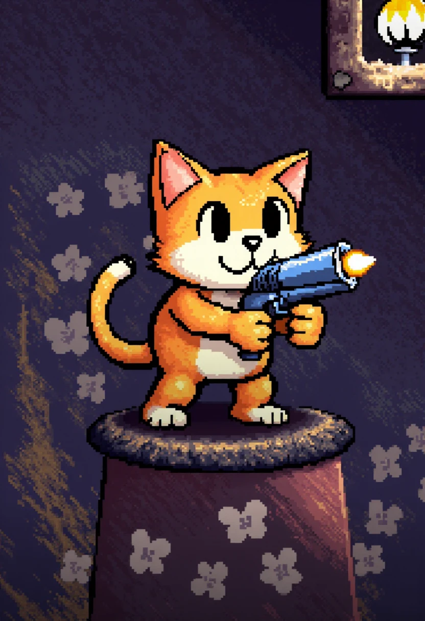 <NOTE: Turn down the strength of the model to 1.1 - 1.3 before using this example to remix!>
yoshislestyle, pixel art style,  a cat aiming a pistol at the viewer  <lora:Yoshis_Island_Style_F1D:1.7>