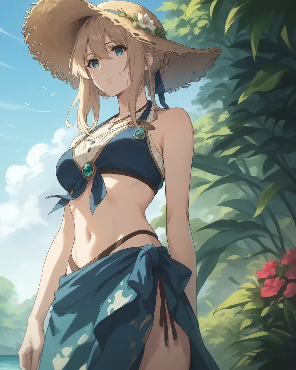 score_9,score_8_up,score_7_up,best quality, 4k, rating_safe, very aesthetic, source_anime,1girl,<lora:Violet_Evergarden:0.7>,violet evergarden,blonde hair,green eyes,expressionless,
dynamic angle,cowboy shot,bikini,foodie,sarong,straw hat,,