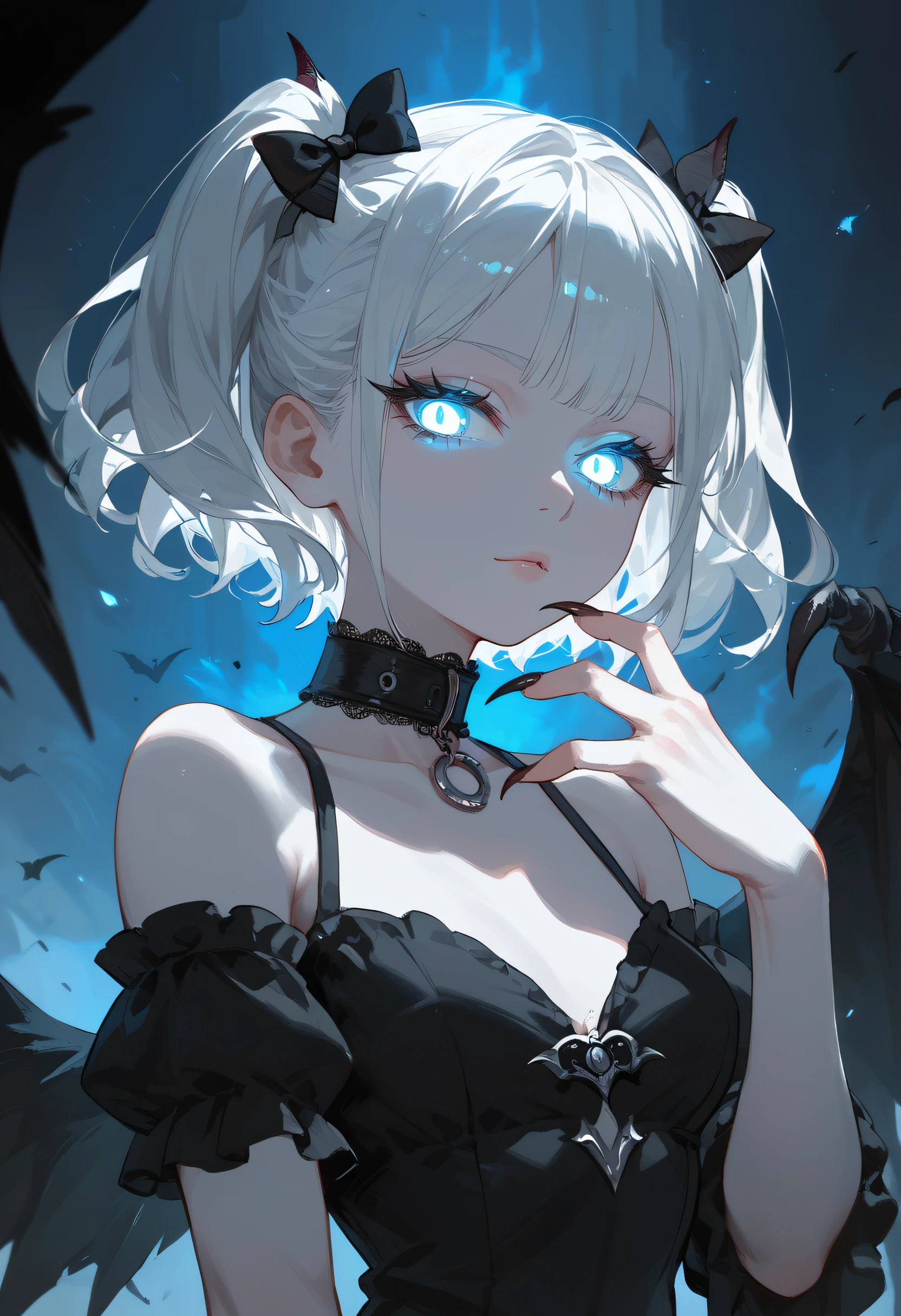 score_9, score_8_up, score_7_up, BREAK solo, 1girl, girl demon, white hair, glowing eyes, pale skin, two ponytails with black bows, black wings, claws, black dress, beautiful_face, partially illuminated, long eyelashes, moonlight, short hair, collar