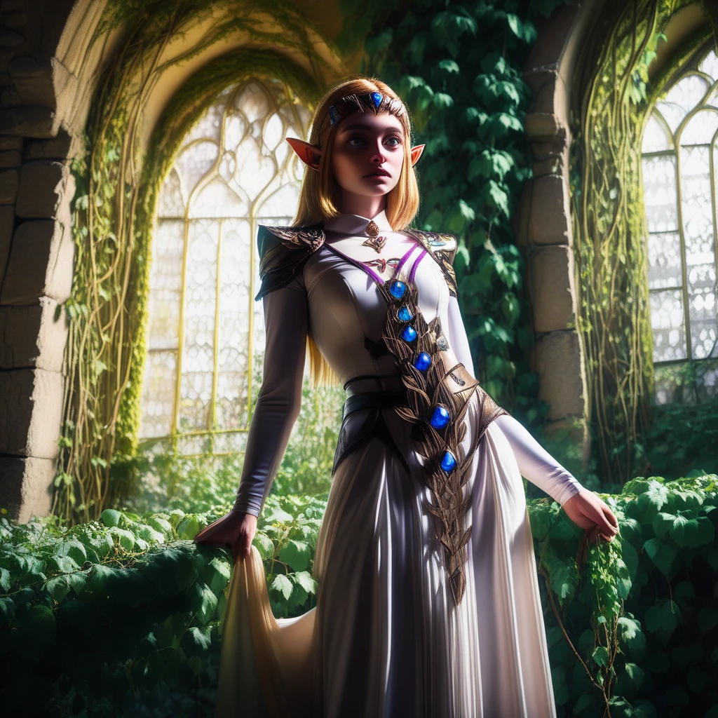 Princess Zelda posing in a castle with vines growing and surreal lighting