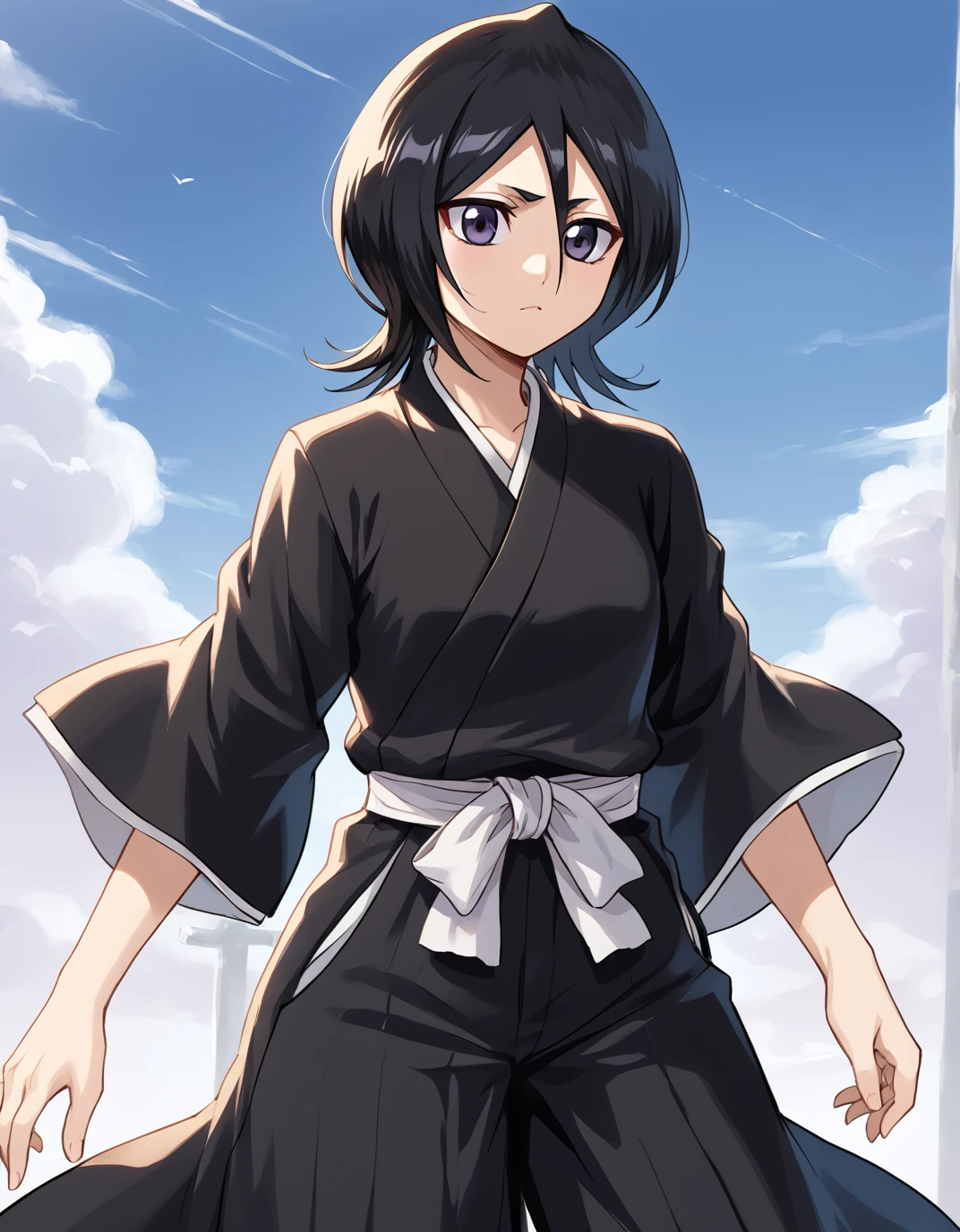 <lora:Rukia:1>, kuchiki rukia, 1girl, solo, cowboy shot, soul reaper uniform, score_9