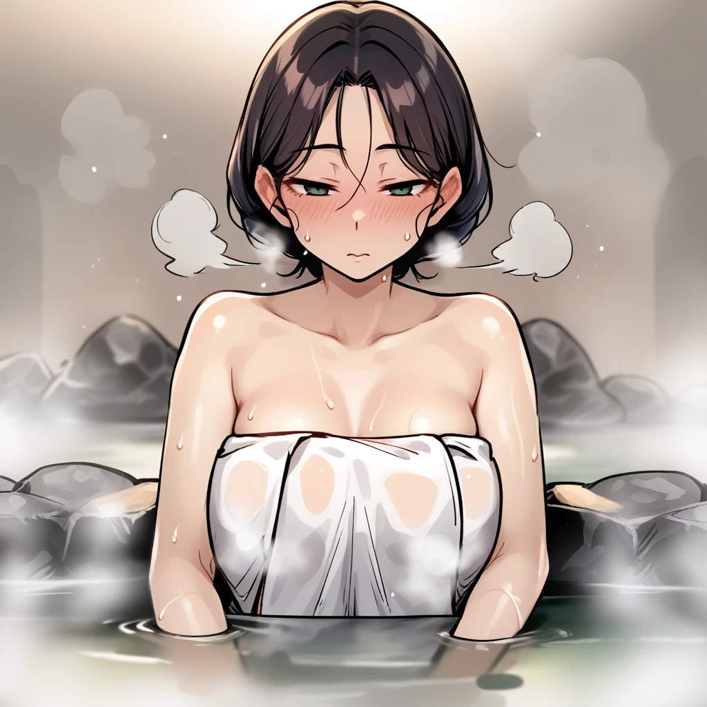 score_9, score_8_up, score_7_up, score_6_up, score_5_up, score_4_up, zPDXL2,source_anime,rating_questionable, 1girl, blush, sweat, towel, hot spring, <lora:Steam:1> st3am, steam, steamy, visible breath,