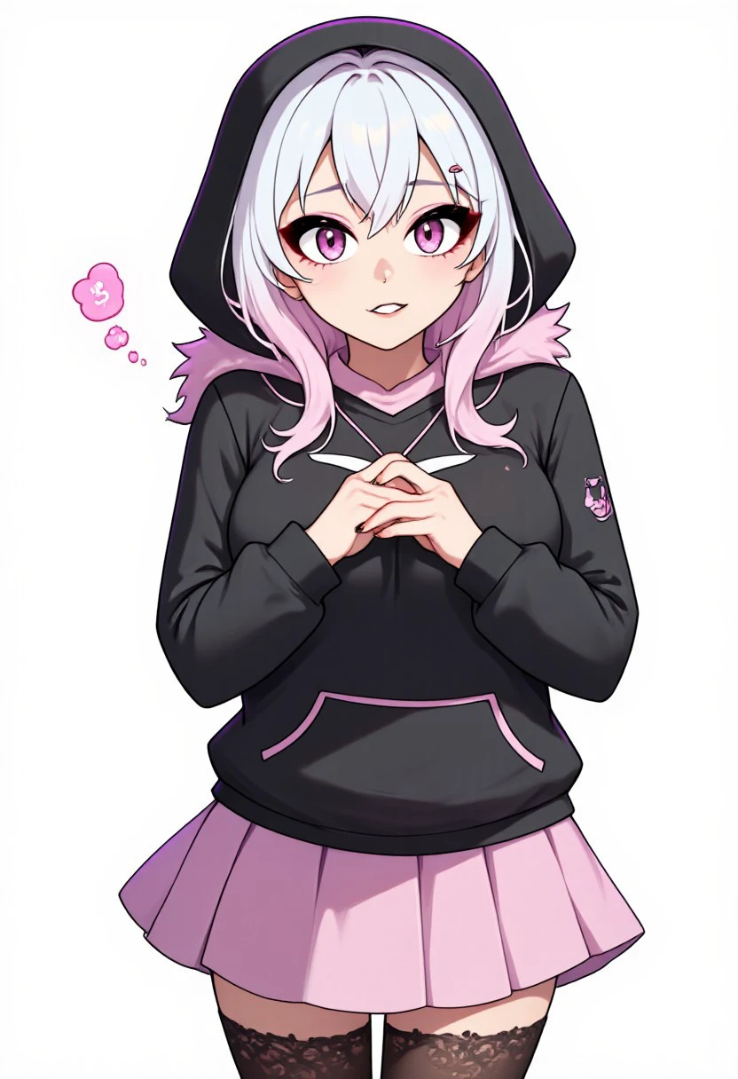 score_9, score_8_up, score_7_up, score_6_up, score_5_up, score_4_up, 1girl, emberlynn pinkle, hood, pink skirt, black eyeliner, white hair, black tights, black nails