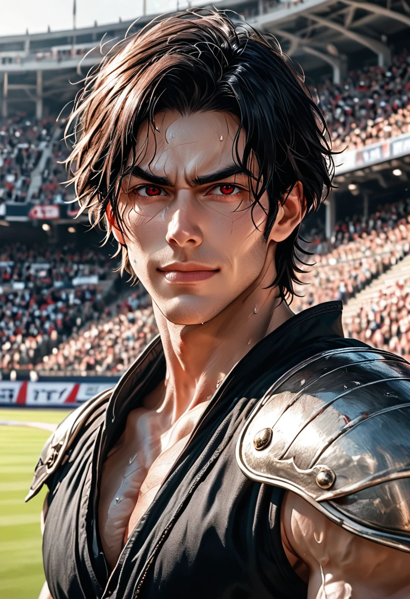 1boy, Darius Dusk,  slightly wavy, short hair, jet black with a natural shine, neatly styled but slightly tousled at the ends, medium height, lean and muscular build with defined shoulders and arms, red eyes,  sharp angular face with a prominent jawline, pale skin, smooth skin, Southern European, faint stubble on the chin and along the jawline, 
subtle veins visible under the pale skin, especially near the eyes and hands,
solo,
flirty expression, secuctive smile, handsome, charming,  simple charm,
,outdoor, arena, galdiator arena, plated armor, swinging sword, sweating, serious, full body shot,