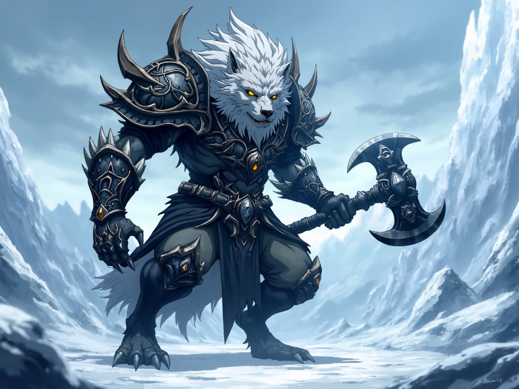 ntflxcstlvn style, anime screencap, vivid fantasy-themed artwork featuring a menacing werewolf creature in a snowy icy environment. The creature is adorned in intricately designed armor in shades of black and silver with ornate patterns and symbols and bone-like structure. Shoulder pads with massive horned animal skulls, It wields large icy-looking battle axe and poised in a defensive stance ready for combat. The wolf's fur is a mix of white and gray and its eyes glow with a fierce intensity. The background is a blend of cool blues and whites with jagged ice formations and a cloudy sky suggesting a cold possibly winter setting,<lora:SXZ_Castlevania_Flux:1>